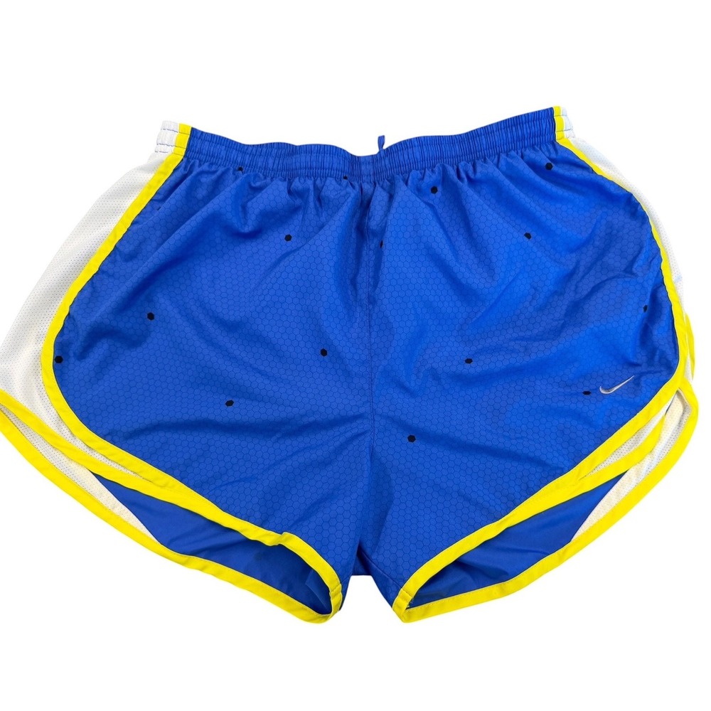 Nike Dri-FIT Blue Honeycomb Running Shorts Yellow Trim Womens Large L Activewear